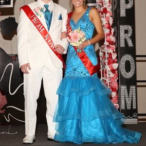 Blue, beaded, mermaid style prom dress